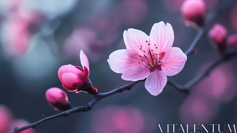 Pink Peach Blossoms on Branch with Buds.