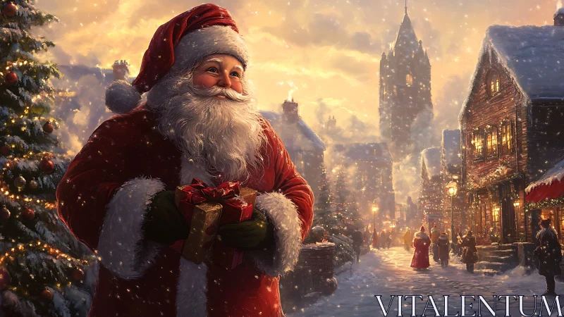 Santa Claus walks through a glowing snowy village street.
