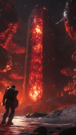 Armored explorer confronts towering molten monolith in storm