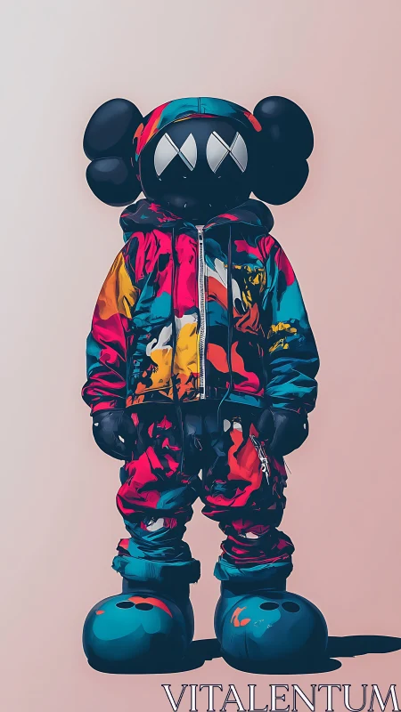 Streetwear vinyl figure stands in bold abstract colors.