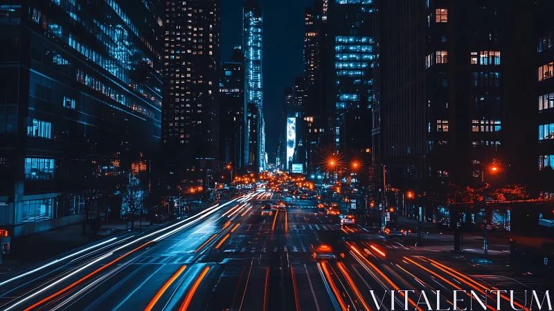 Neon river of headlights slicing through midnight towers.