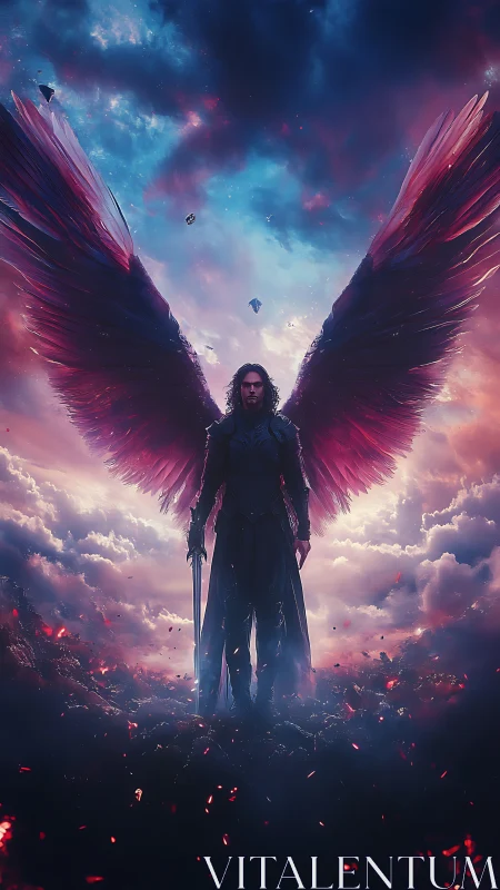 Winged warrior stands over burning ground holding sword