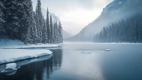 Snowbound conifer forest flanking misted alpine lake at dawn