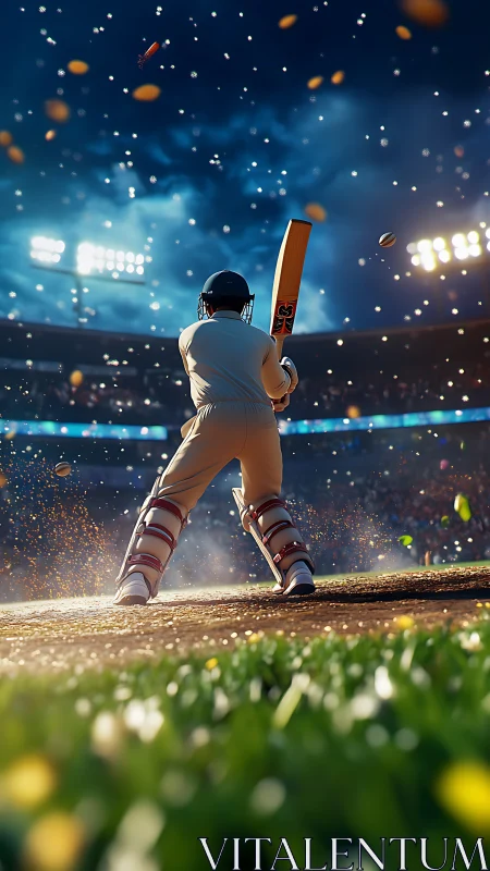 Cricket batsman under stadium floodlights at impact moment.