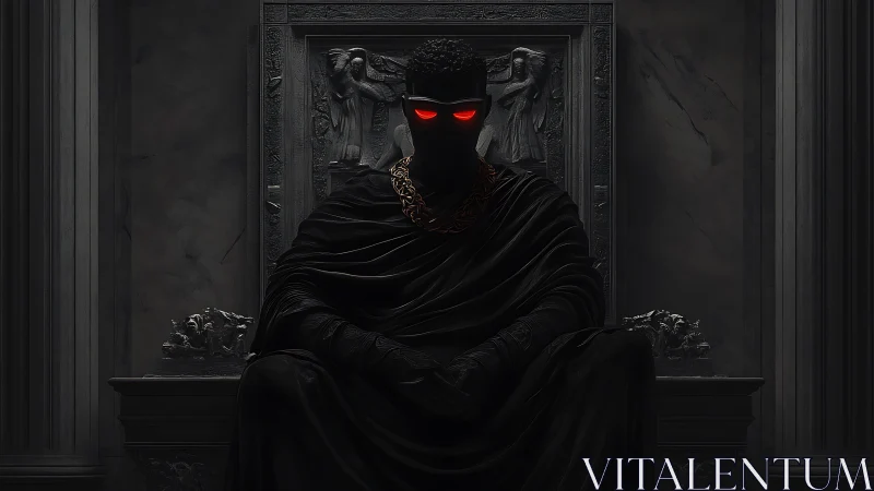 Dark robed figure with red glowing eyes sits on ornate throne