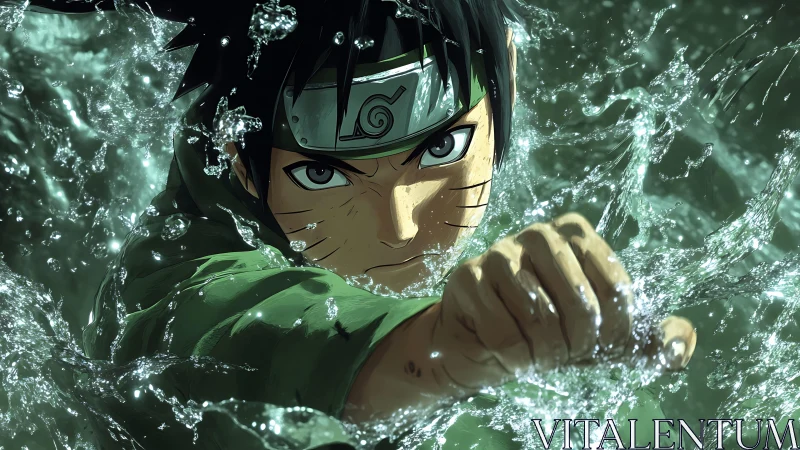 Dynamic anime portrait with kinetic water and frontal punch.