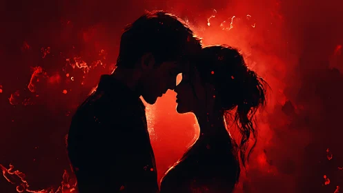 Two Silhouettes Embracing Against Fiery Glow.