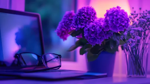 Photorealistic desk still life in neon purple ambient light.