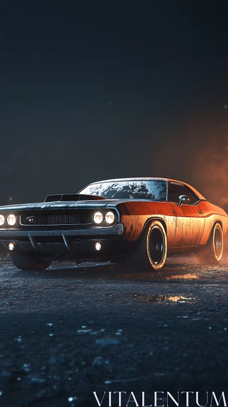 Rendered classic muscle car is parked on a wet roadway