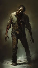 Decaying zombie figure advances in high-contrast horror lighting