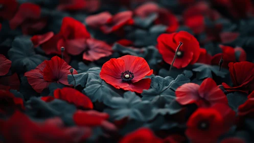 Crimson Sentinels: Where Scarlet Petals Meet Moody Shadows.