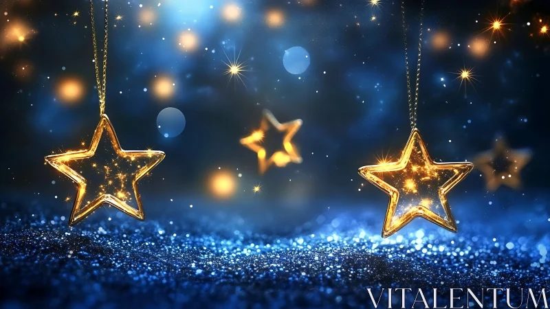 Luminous star ornaments over glittering midnight bokeh field.
