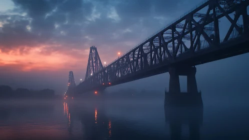 Steel truss bridge in fog with dramatic dawn sky and reflections.