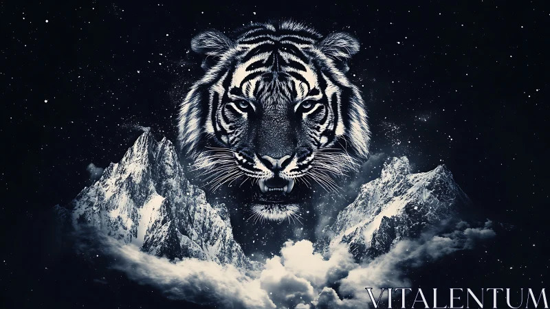 Monochrome tiger head above snowy mountains at night.