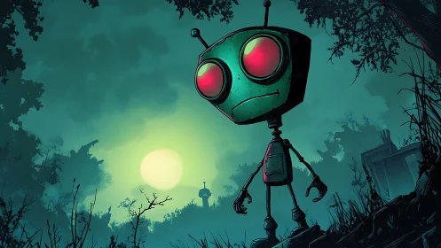 Moonlit robot wanderer haunts a misty neon forest glade.