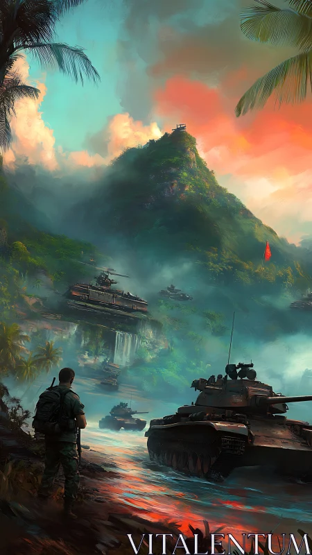 Armored convoy advances through a misty tropical warzone