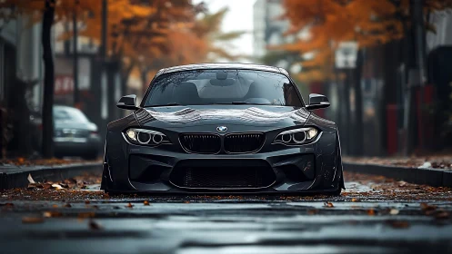 Low-slung autumn street predator glides through wet silence