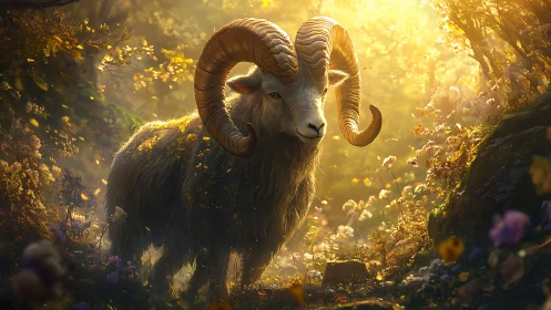 Majestic horned ram in golden backlit woodland clearing.