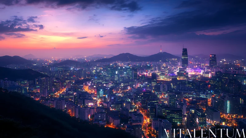 Neon night skyline over sprawling modern mountain city.