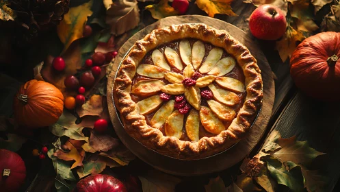 Autumn harvest pie arranged in radial pattern on rustic table