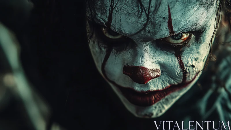 Sinister clown portrait stares with chilling intensity.