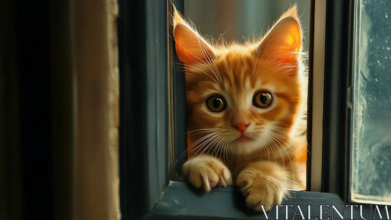 Orange tabby kitten peers through doorway with direct gaze.