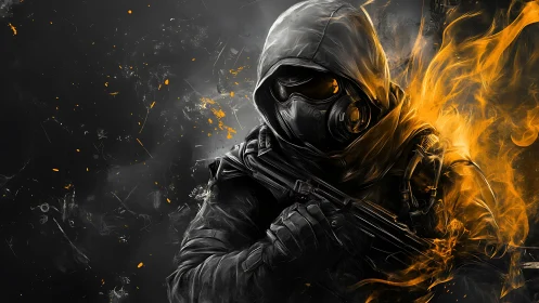 Hooded fireborn soldier stalks through swirling ember smoke