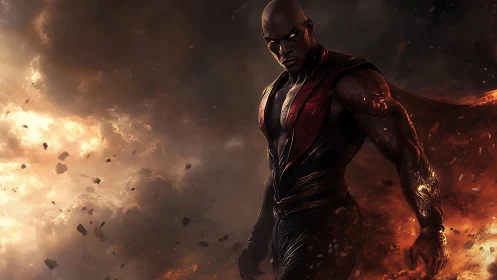 Infernal warrior strides through burning storm of embers.