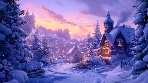 Snow-covered village street with illuminated houses at dusk.