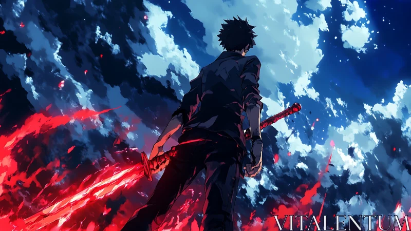 Backlit swordsman holds molten blade against turbulent night sky