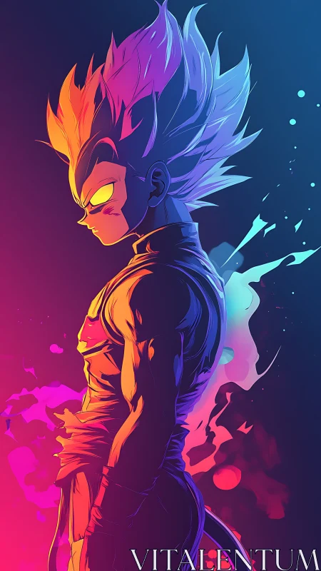 Neon-lit warrior profile in dual-tone anime glow.