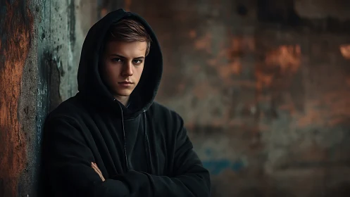 Brooding hooded youth guards secrets in rust-dark alleyway.