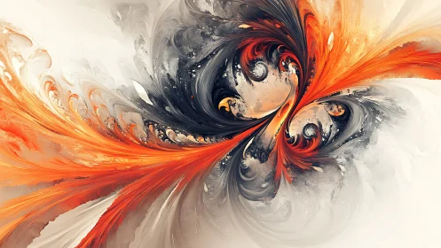 High-energy fractal vortex with orange and charcoal fluid plumes