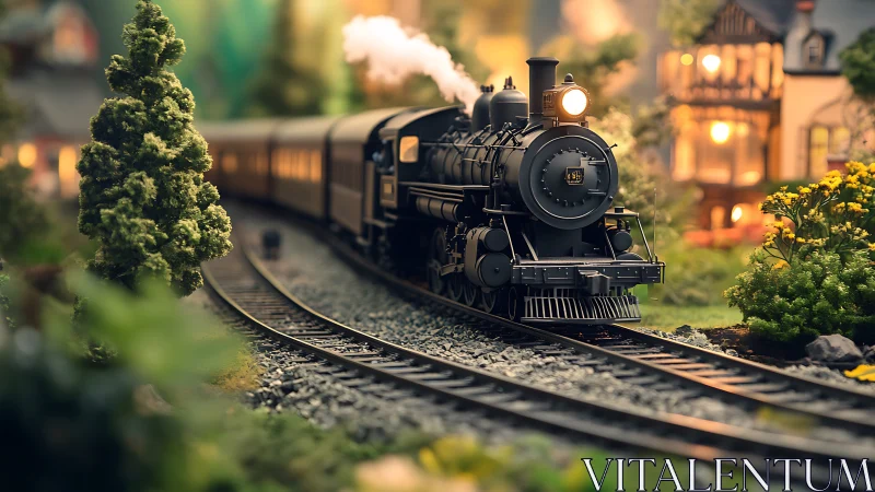 Model steam locomotive rounds curve in softly lit miniature village