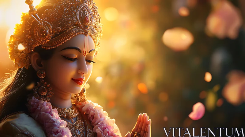 Hindu goddess statue rendered with warm, glowing backlight
