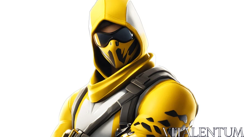 Hooded yellow tactical avatar rendered in high-gloss digital 3D