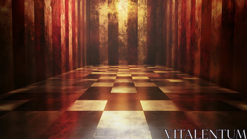 Geometric corridor glows in warm metallic light and shadow.