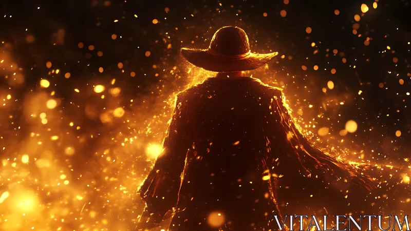 Backlit cloaked wanderer engulfed in radiant ember glow.