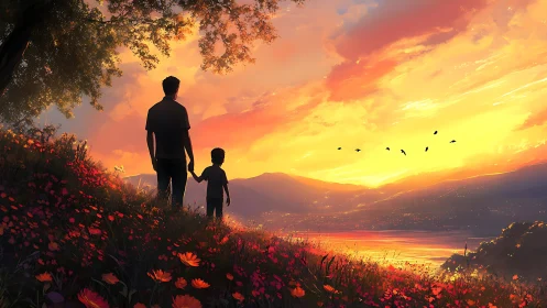 Warm sunset walk sharing quiet joy between father and child.