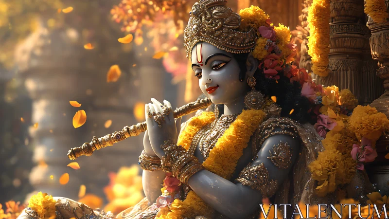 Divine blue-hued deity in marigold garlands, detailed render.