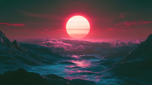 Neon sun over crystalline waves in surreal alien seascape.