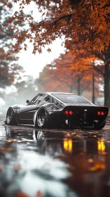 Low-slung black sports car on wet autumn city street.
