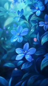 Luminescent Blue Flowers: Digital Rendering with Soft Depth Gradient