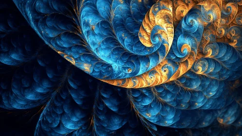 Spiraling blue gold fractal plumes with recursive feather geometry
