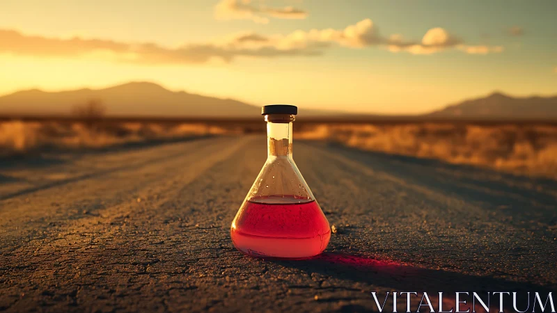 Sunset laboratory flask rests on an empty desert road