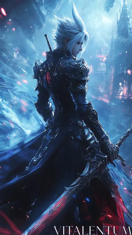 Silver-haired dark knight stands amid frozen inferno skies