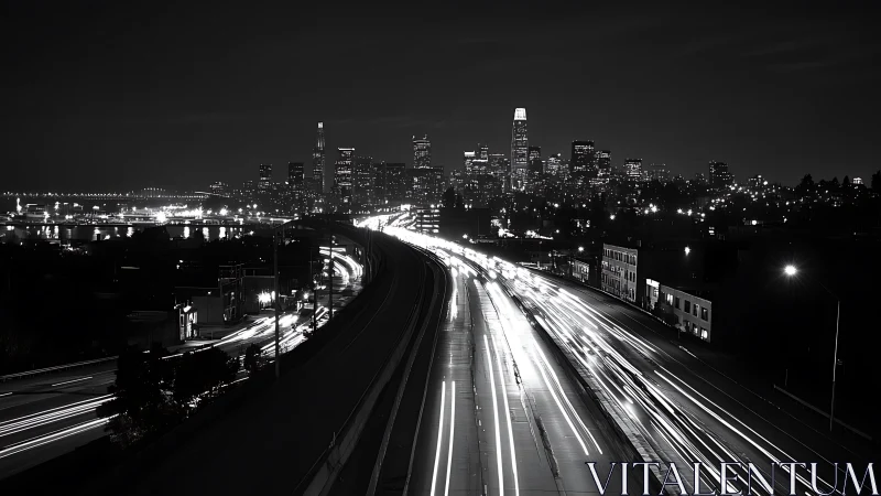Night highway light trails before dense urban skyline.