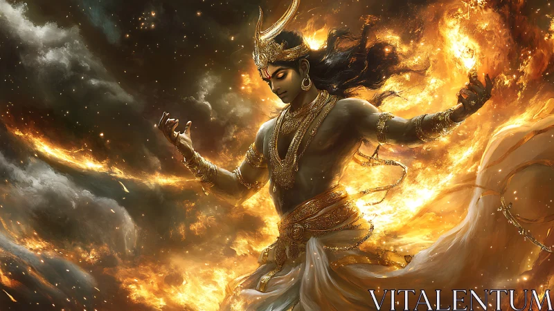 Celestial fire dancer crowns the storm in molten gold light.