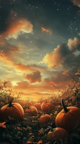 Autumn pumpkin field glows beneath a dramatic sunset sky.