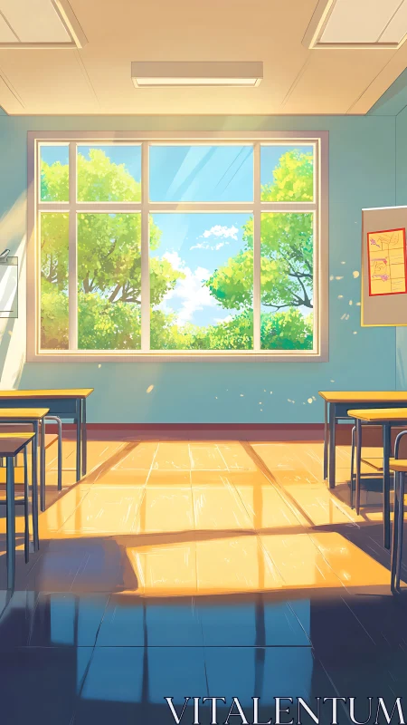 Sunlit classroom window frames a calm summer afternoon